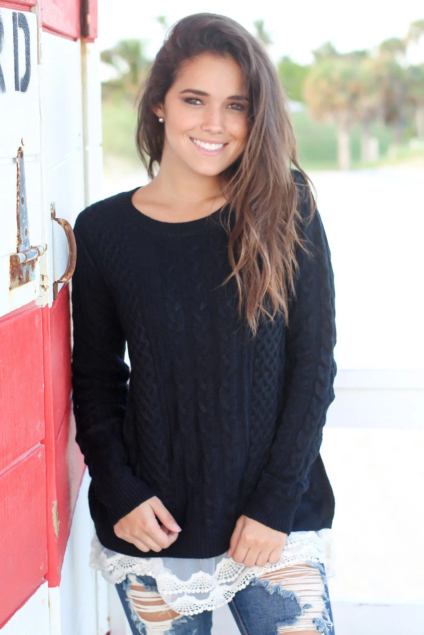 Black Sweater with Lace Trim