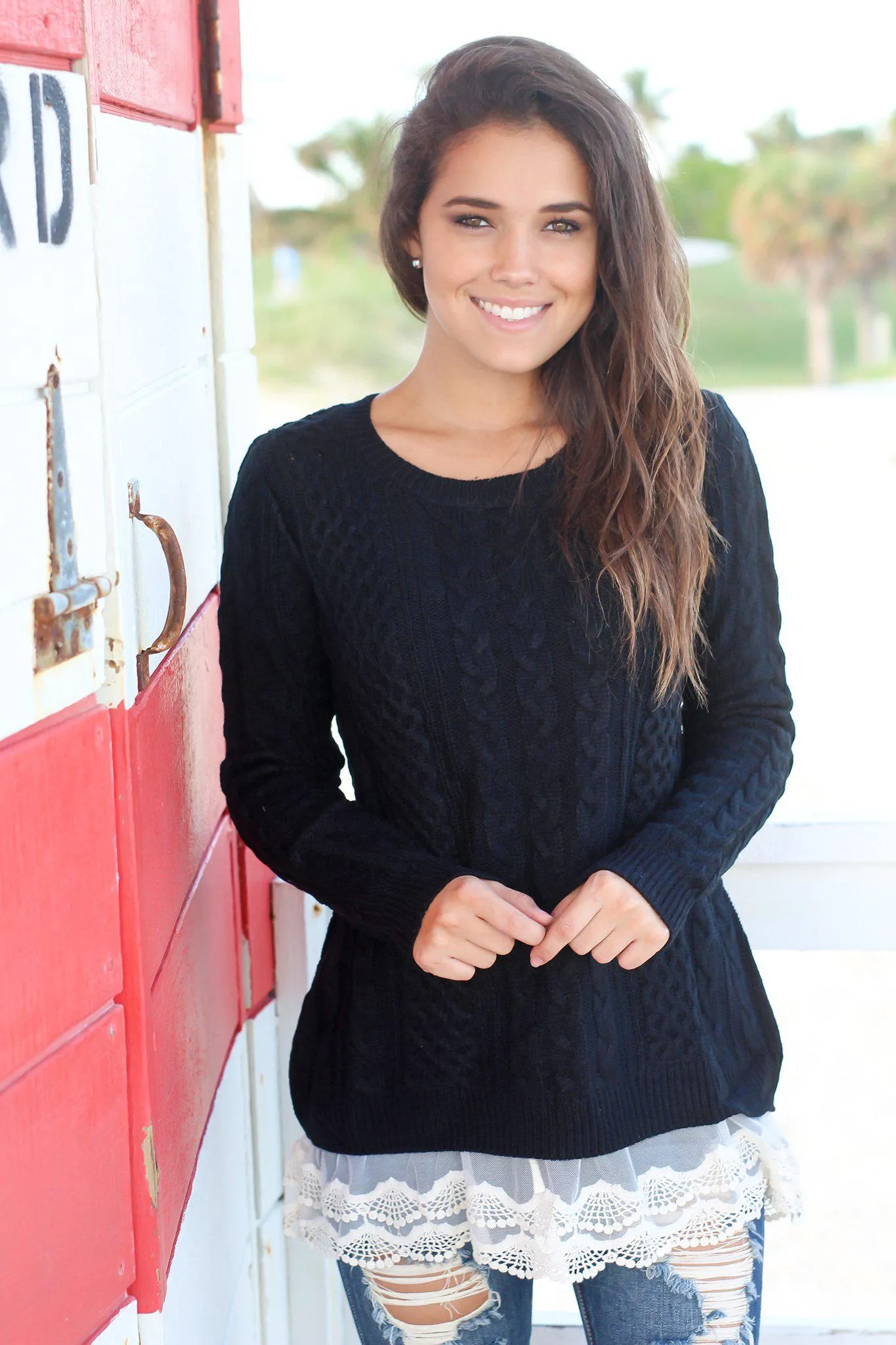Black Sweater with Lace Trim