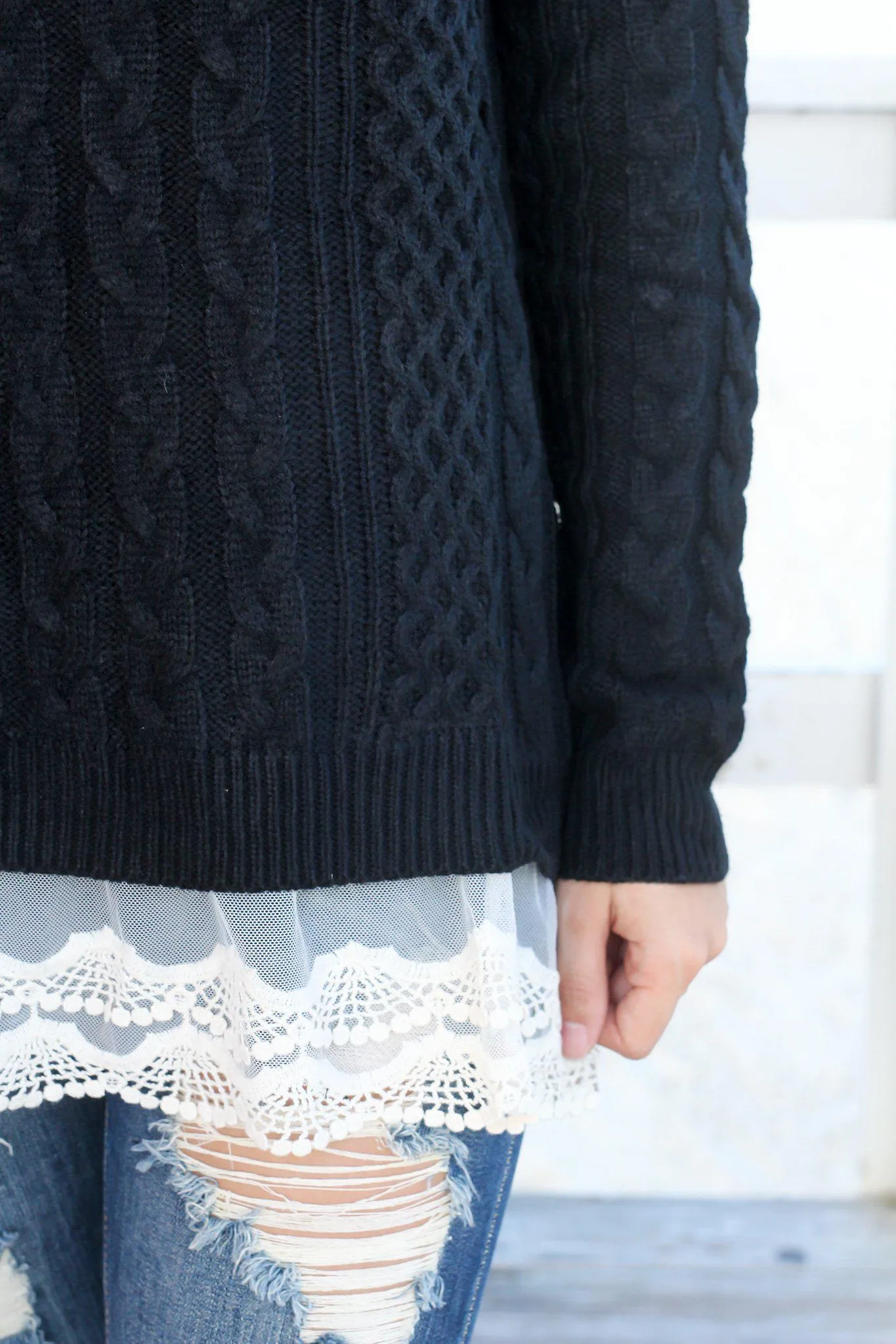Black Sweater with Lace Trim