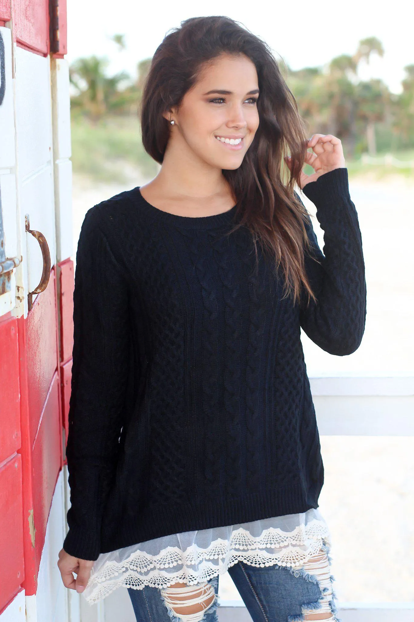 Black Sweater with Lace Trim