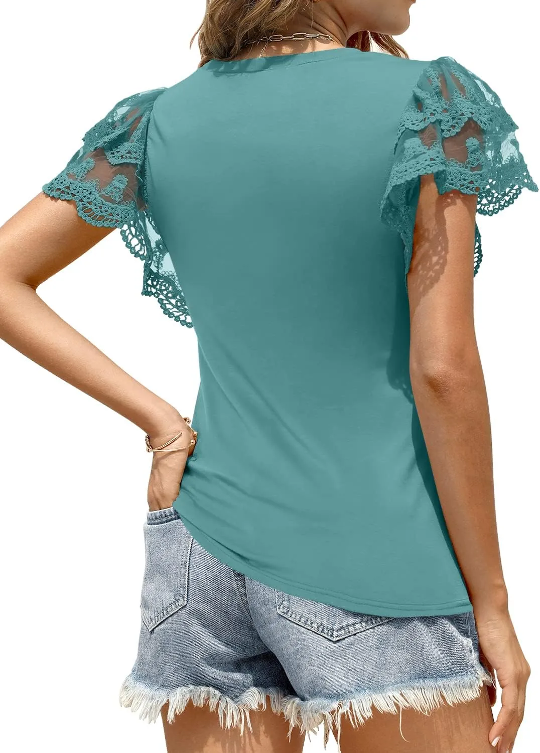DOROSE Womens Tops Lace Ruffle Sleeve Summer Tshirts Blouse Trendy