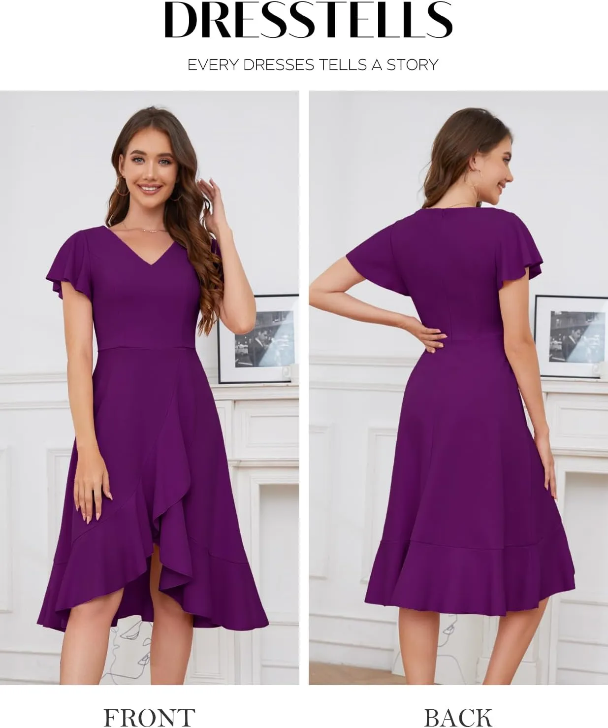 DRESSTELLS Women's Cocktail Dresses 2025, Formal Wedding Guest Ruffle Prom Party Evening Dress V-Neck Vintage Dress