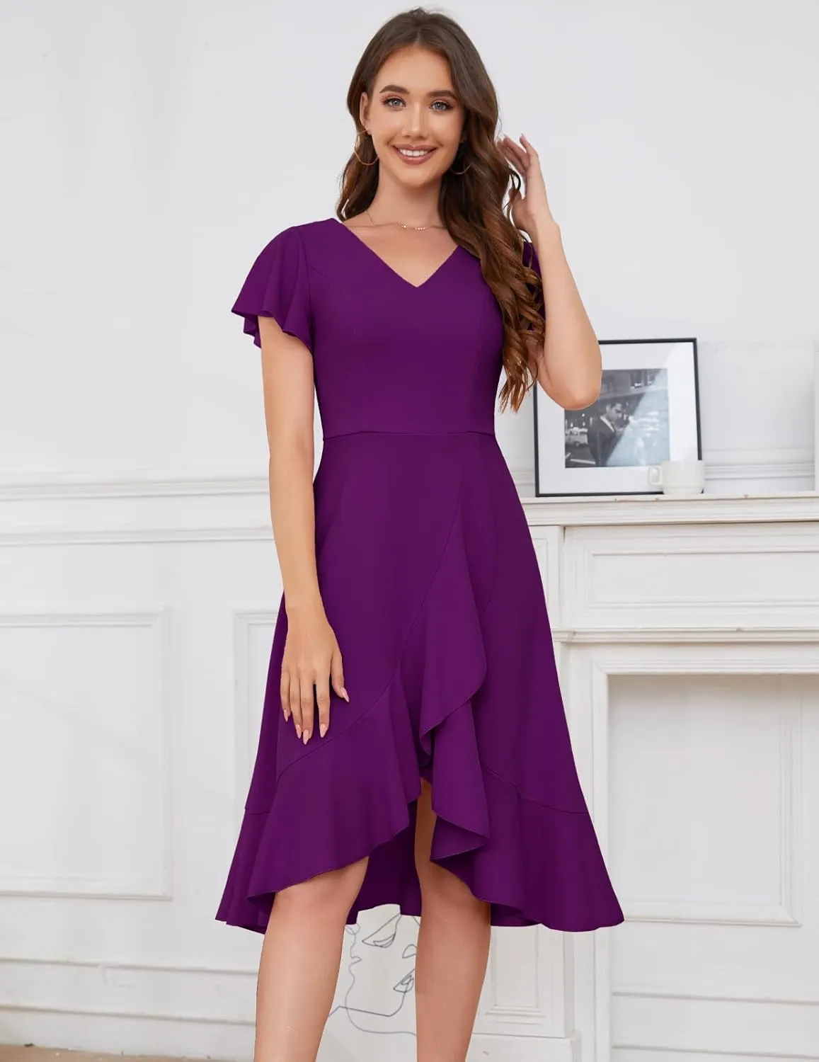 DRESSTELLS Women's Cocktail Dresses 2025, Formal Wedding Guest Ruffle Prom Party Evening Dress V-Neck Vintage Dress