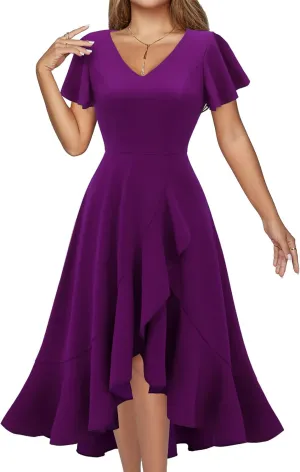 DRESSTELLS Women's Cocktail Dresses 2025, Formal Wedding Guest Ruffle Prom Party Evening Dress V-Neck Vintage Dress