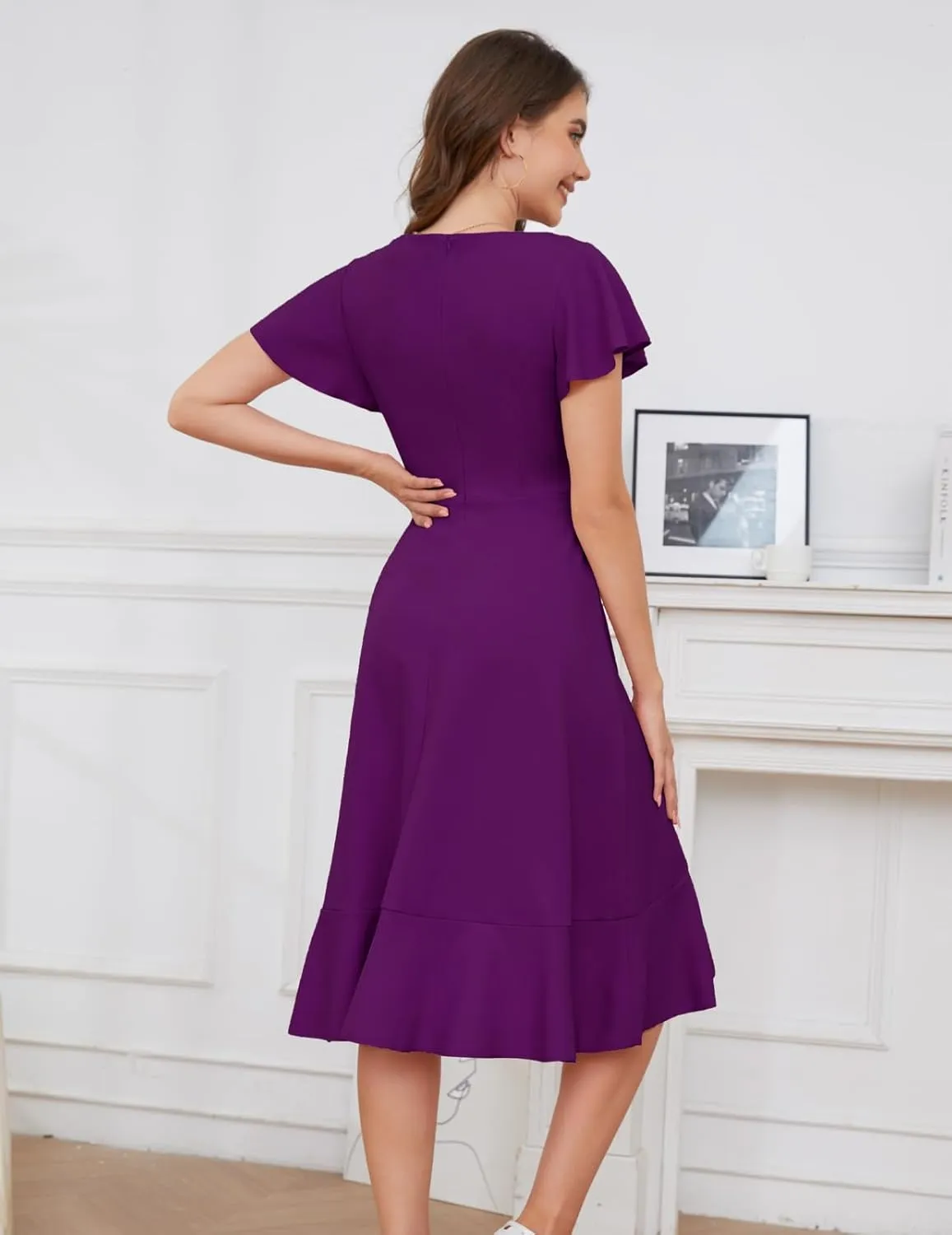 DRESSTELLS Women's Cocktail Dresses 2025, Formal Wedding Guest Ruffle Prom Party Evening Dress V-Neck Vintage Dress