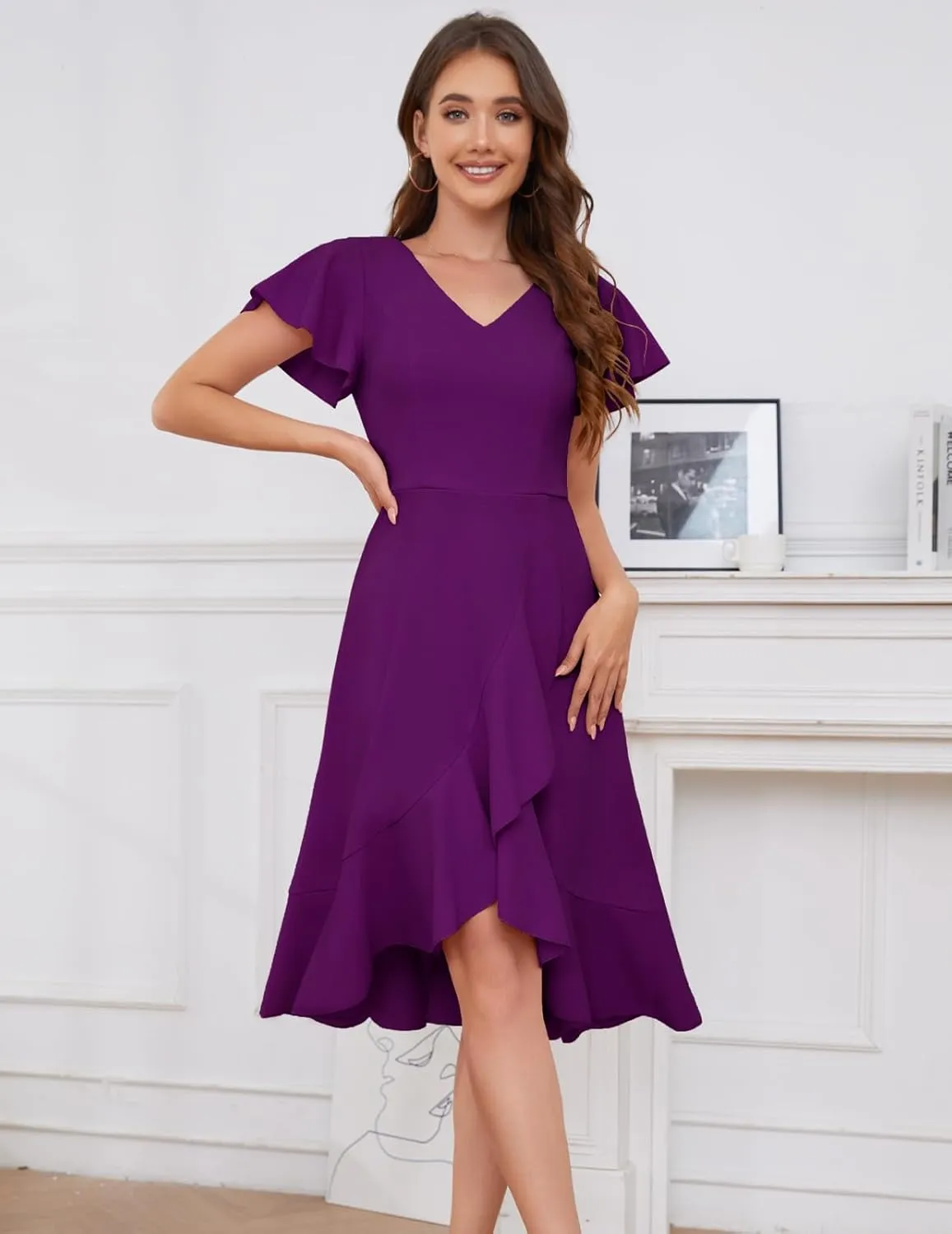 DRESSTELLS Women's Cocktail Dresses 2025, Formal Wedding Guest Ruffle Prom Party Evening Dress V-Neck Vintage Dress