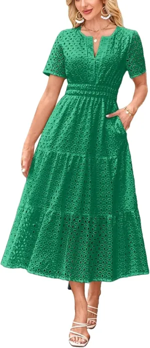 Eyelet Ruffle Dress Women's Short Sleeve Mini Dress Summer V Neck Hollow Out Swing Short Dresses