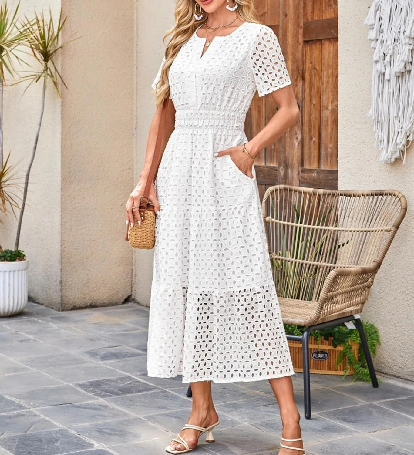 Eyelet Ruffle Dress Women's Short Sleeve Mini Dress Summer V Neck Hollow Out Swing Short Dresses