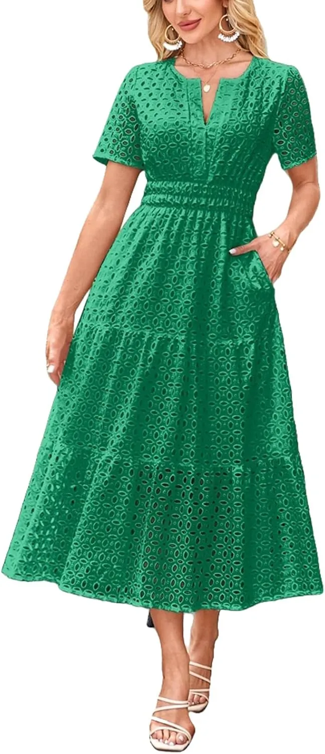 Eyelet Ruffle Dress Women's Short Sleeve Mini Dress Summer V Neck Hollow Out Swing Short Dresses