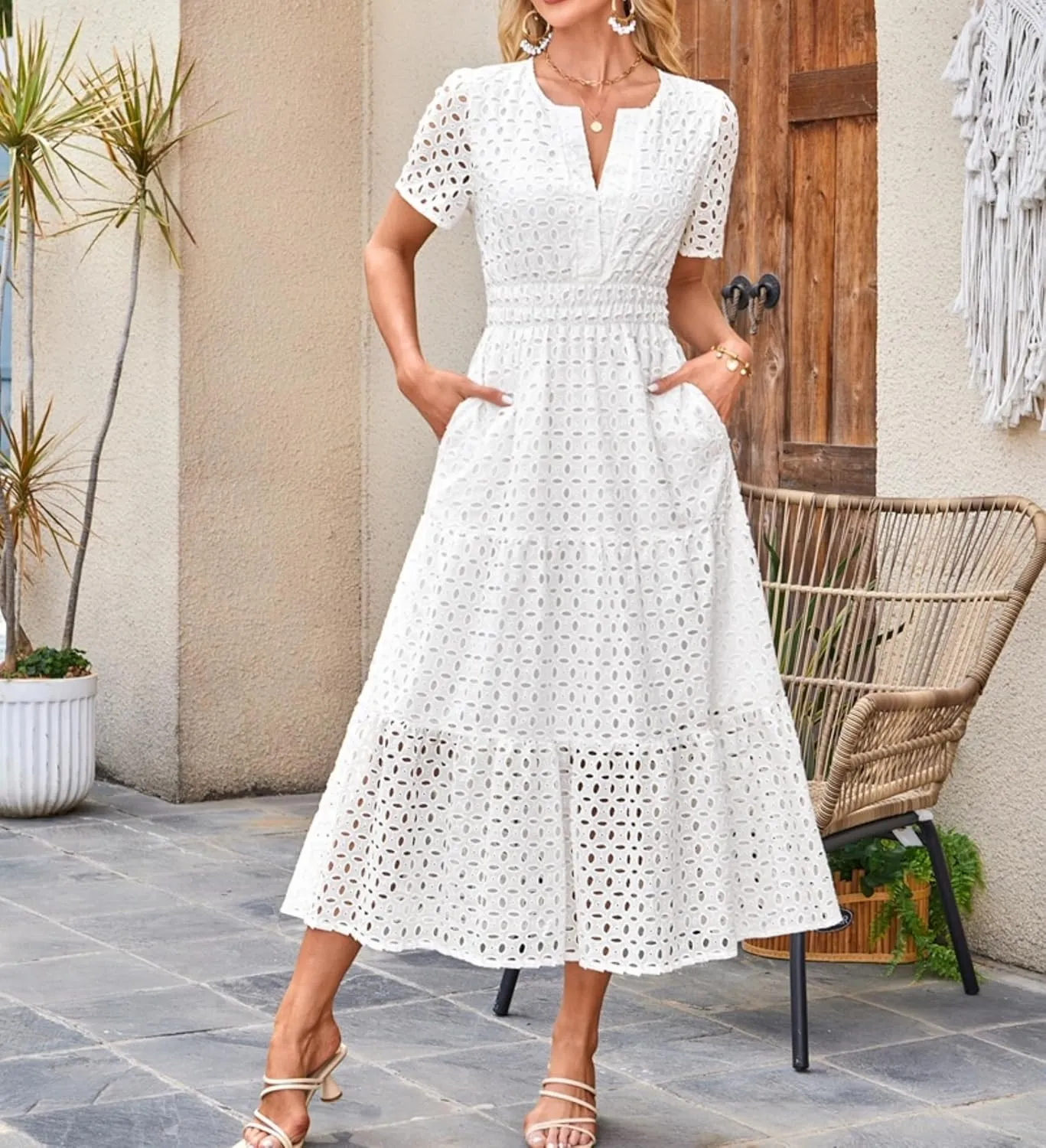 Eyelet Ruffle Dress Women's Short Sleeve Mini Dress Summer V Neck Hollow Out Swing Short Dresses