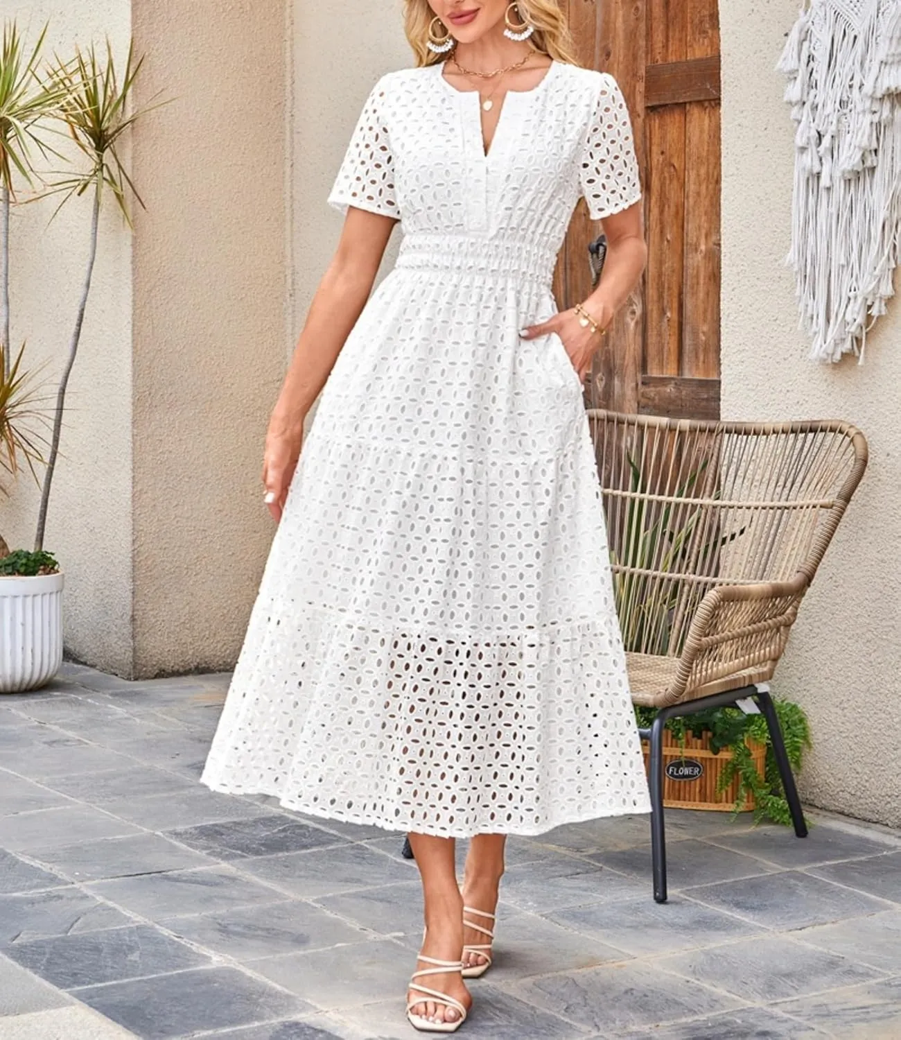 Eyelet Ruffle Dress Women's Short Sleeve Mini Dress Summer V Neck Hollow Out Swing Short Dresses