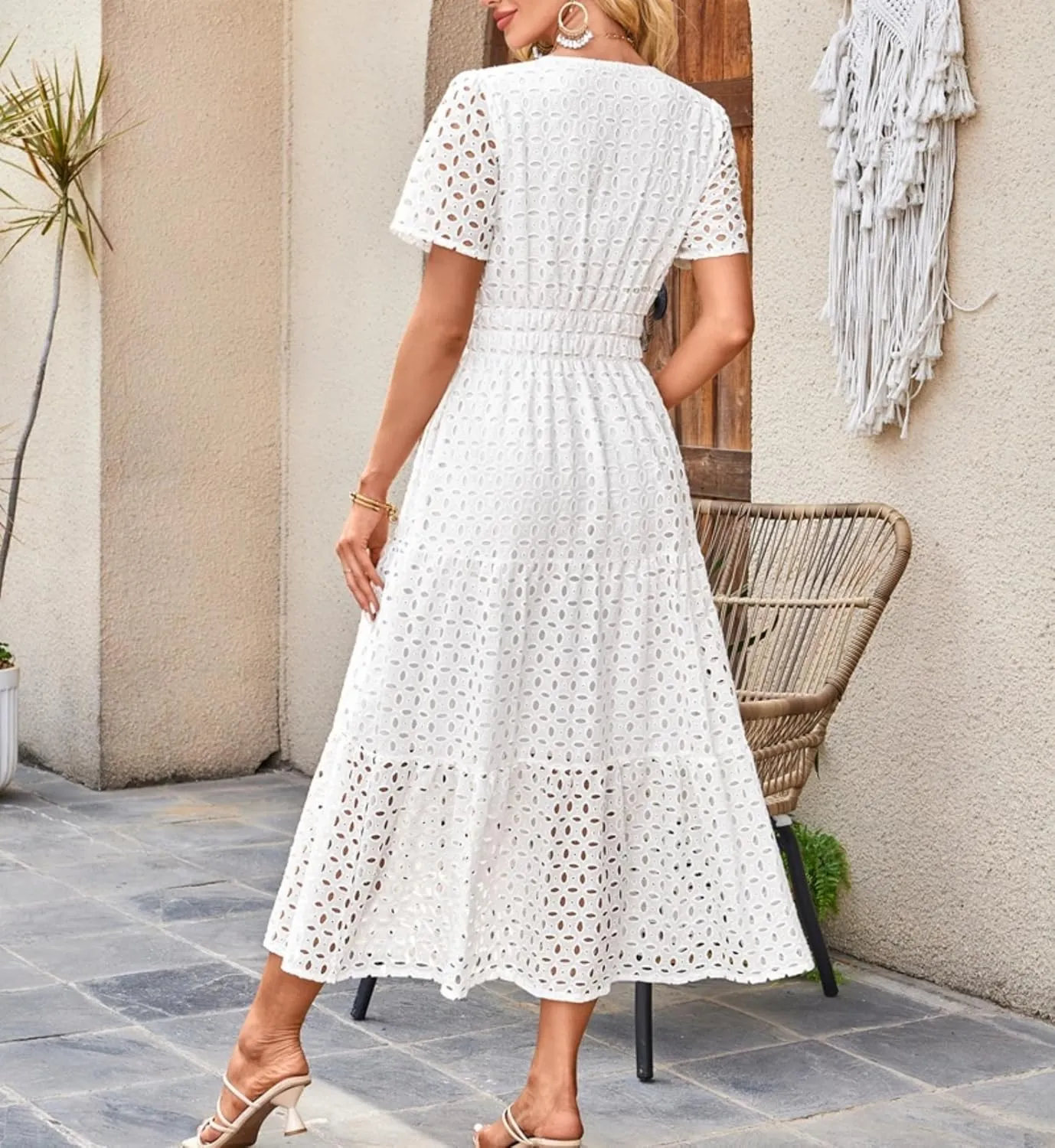 Eyelet Ruffle Dress Women's Short Sleeve Mini Dress Summer V Neck Hollow Out Swing Short Dresses