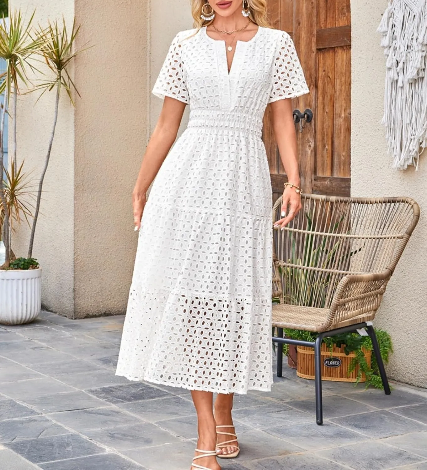 Eyelet Ruffle Dress Women's Short Sleeve Mini Dress Summer V Neck Hollow Out Swing Short Dresses