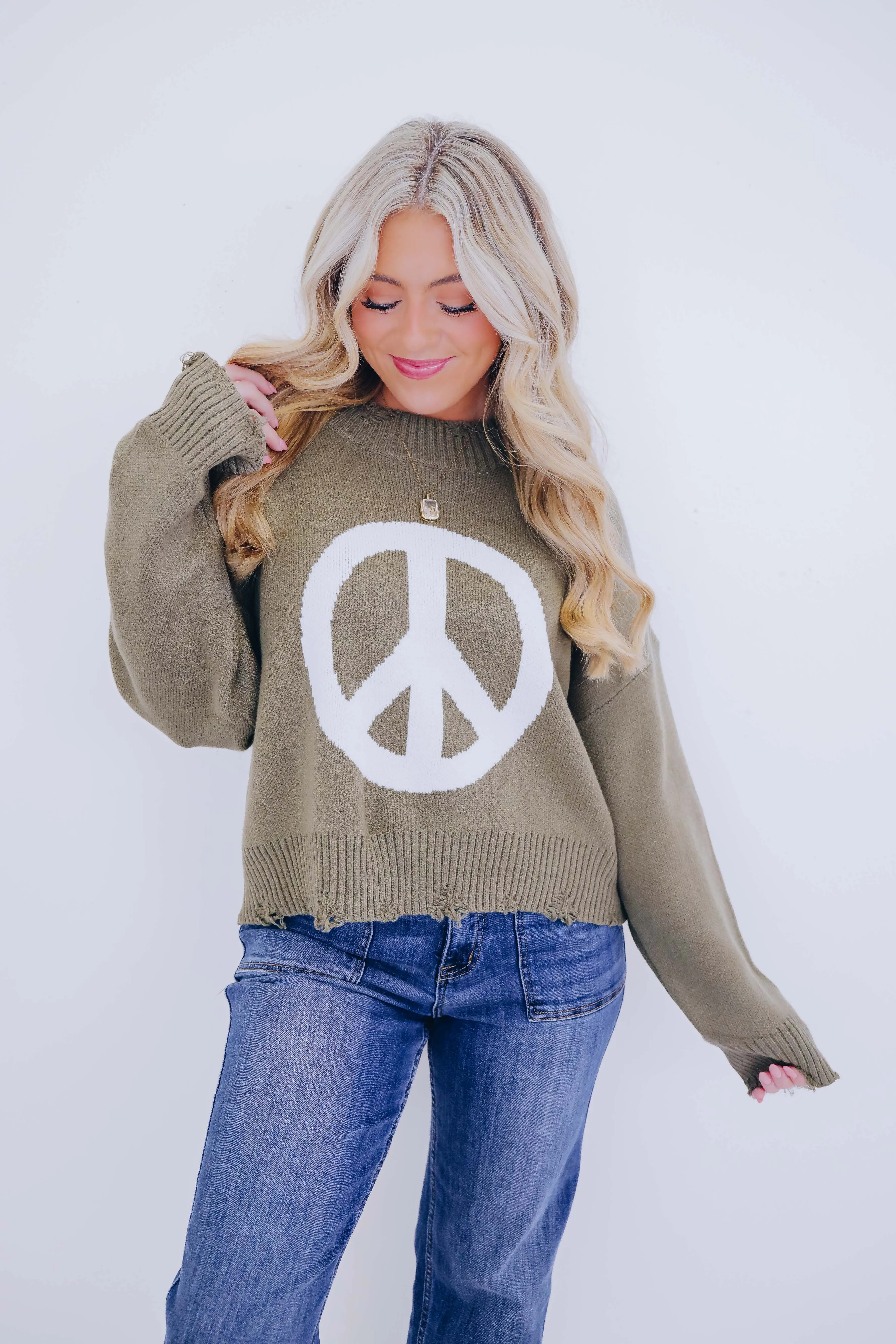 Good Vibes Distressed Peace Sign Sweater- 4 Colors