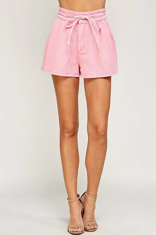 High Rise Drawstring Pink Denim Short