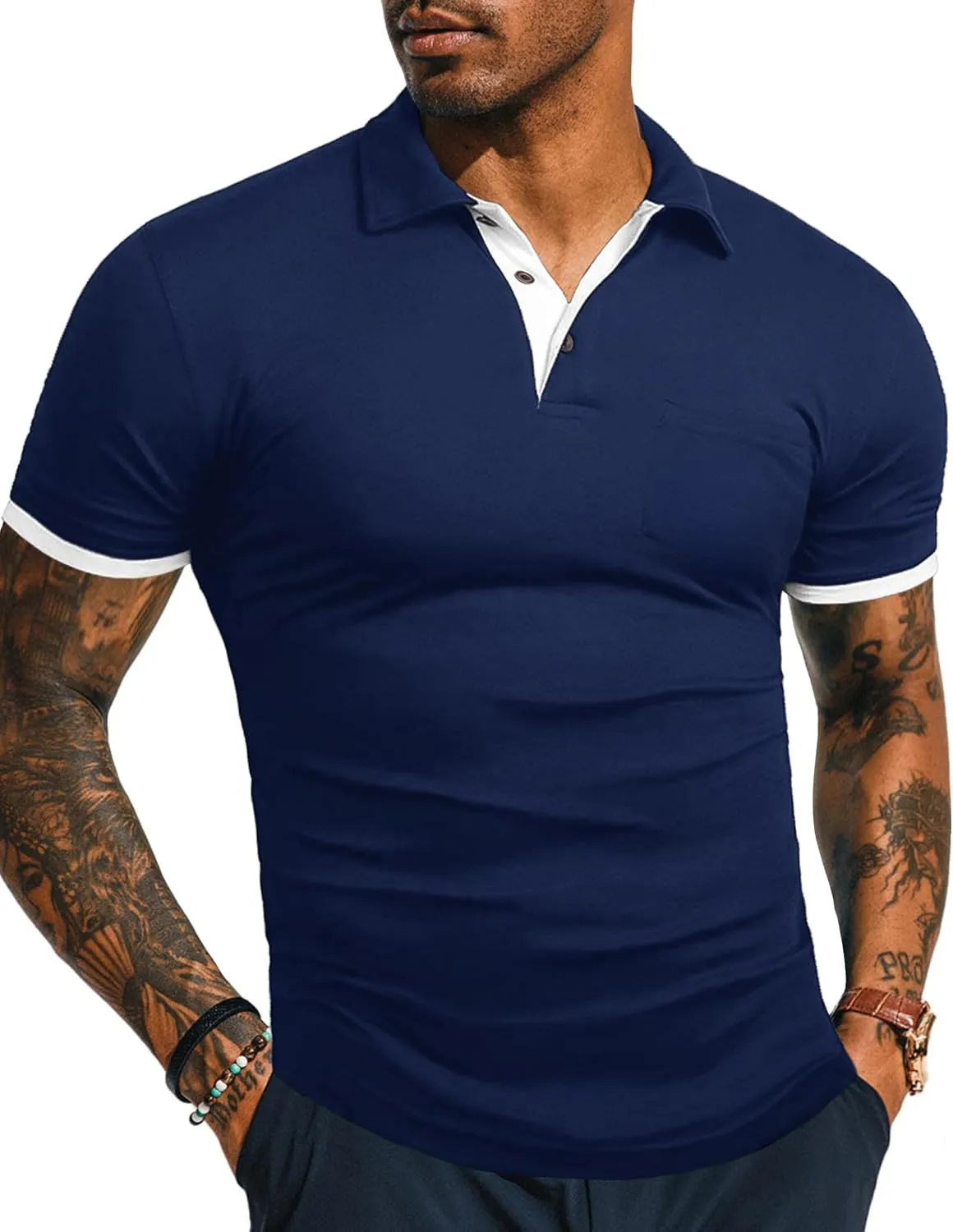 KUYIGO Men's Short&Long Sleeve Polo Shirts Casual Slim Fit Solid Soft Button Cotton Pocket Collared Shirt