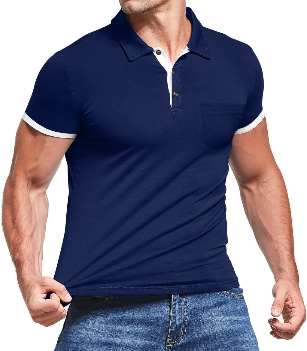 KUYIGO Men's Short&Long Sleeve Polo Shirts Casual Slim Fit Solid Soft Button Cotton Pocket Collared Shirt