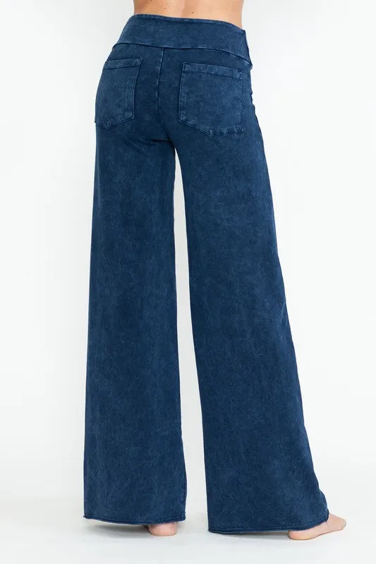 Mineral Washed Wide Leg Pants - Electric Blue