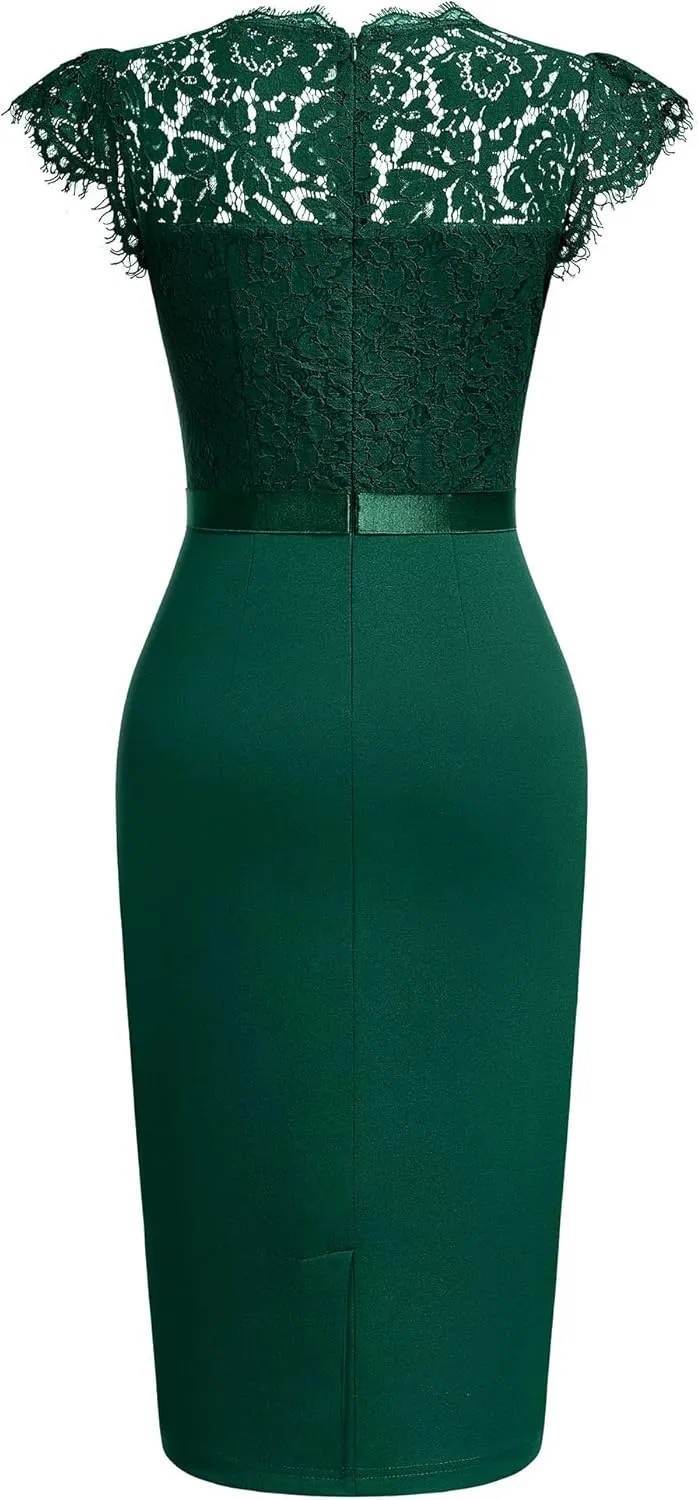 Miusol Women's Elegant Floral Lace Ruffle Design Cap Sleeve Cocktail Party Dress