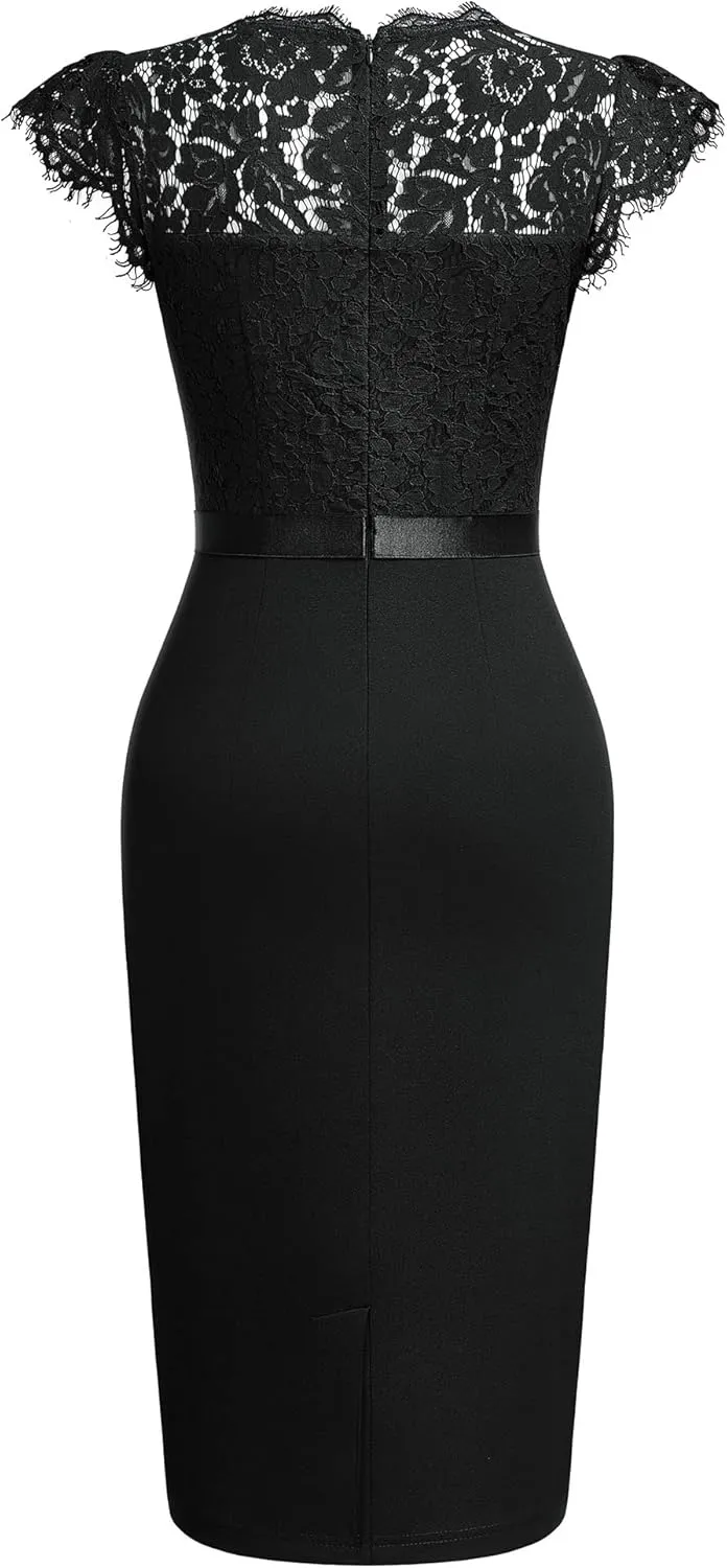Miusol Women's Elegant Floral Lace Ruffle Design Cap Sleeve Cocktail Party Dress
