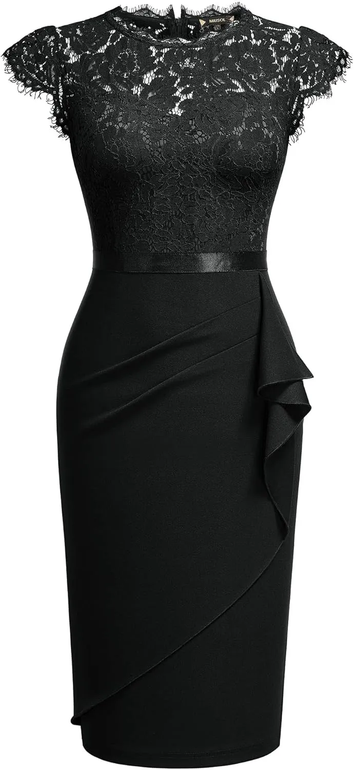 Miusol Women's Elegant Floral Lace Ruffle Design Cap Sleeve Cocktail Party Dress
