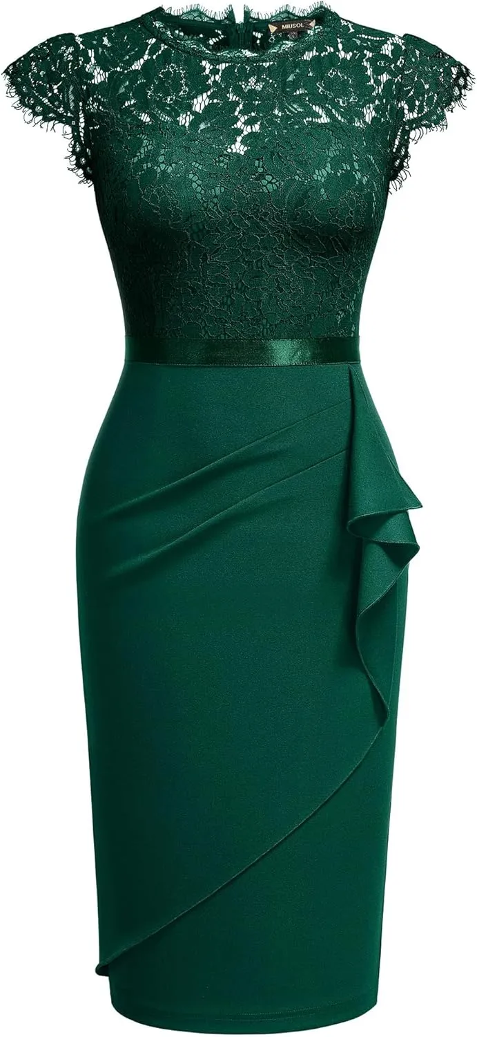 Miusol Women's Elegant Floral Lace Ruffle Design Cap Sleeve Cocktail Party Dress