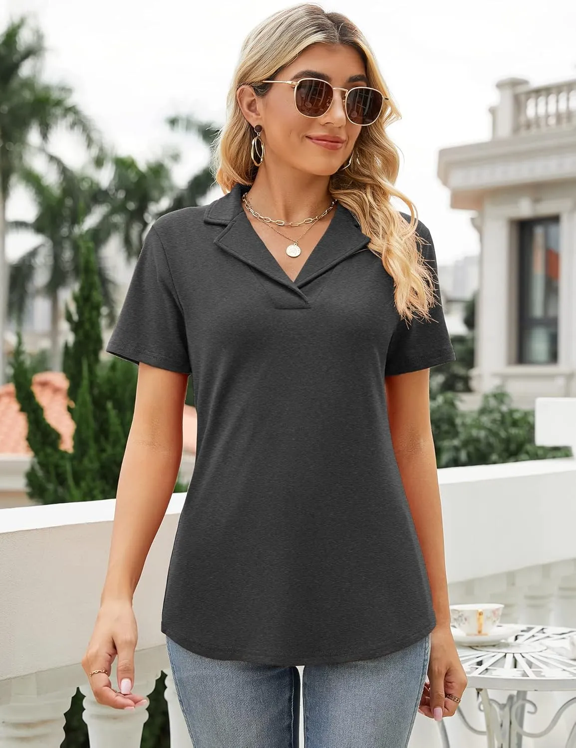 Rapbin Women's Polo Shirts Lapel Collar V Neck Short Sleeve Blouse Dressy Casual Tunic Tops