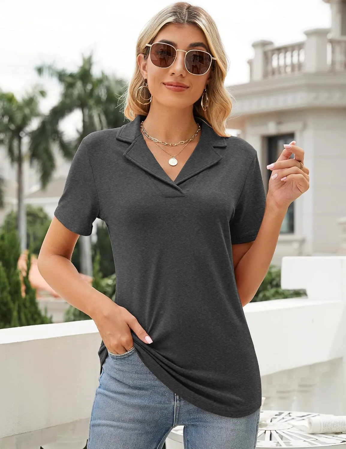 Rapbin Women's Polo Shirts Lapel Collar V Neck Short Sleeve Blouse Dressy Casual Tunic Tops