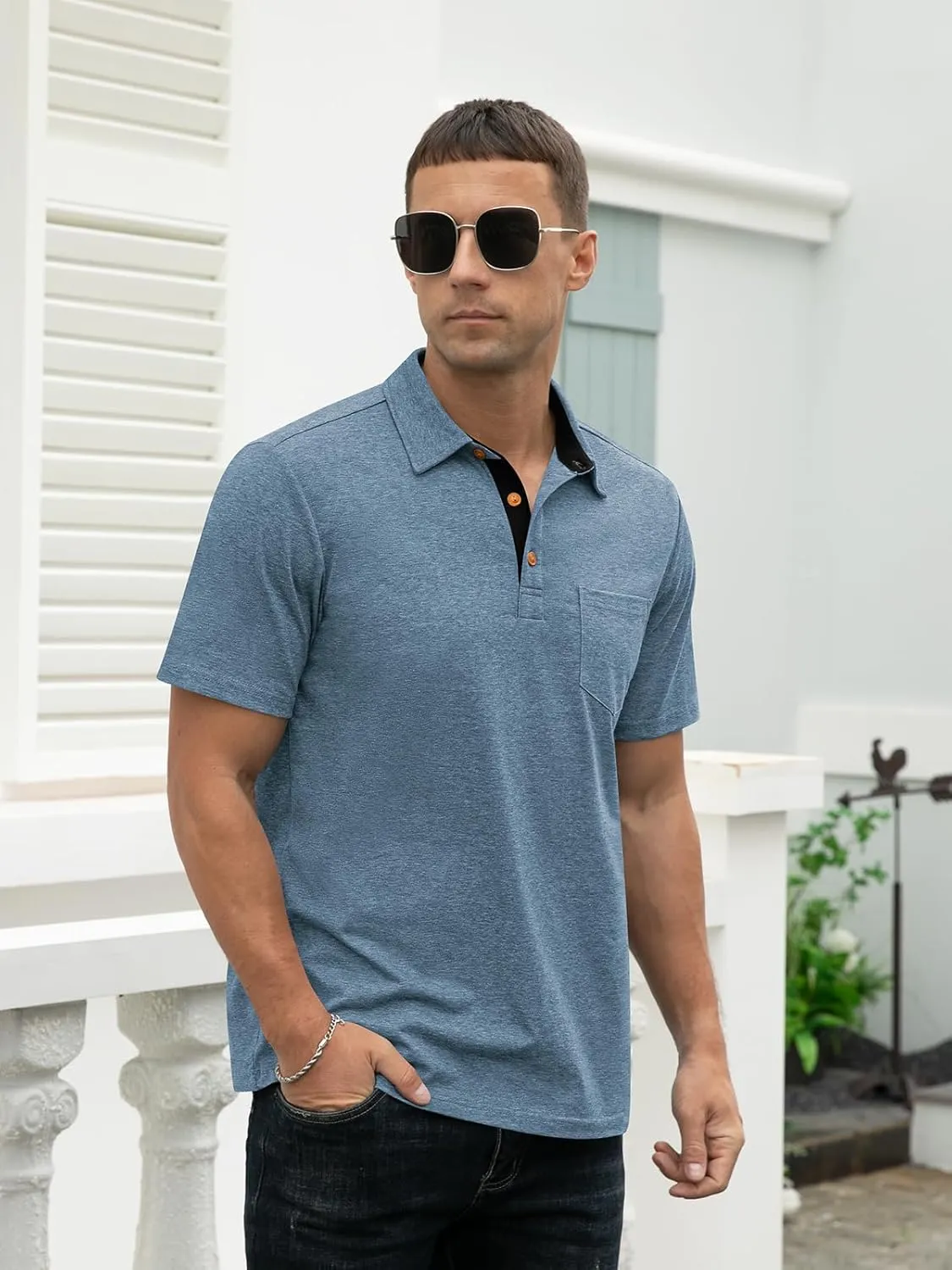 RQP Casual Polo Shirts for Men Short Sleeve Quick Dry Polo Shirts Collared T-Shirt