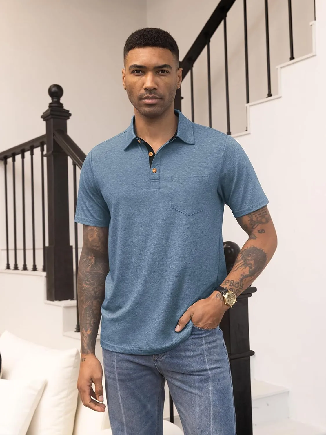 RQP Casual Polo Shirts for Men Short Sleeve Quick Dry Polo Shirts Collared T-Shirt