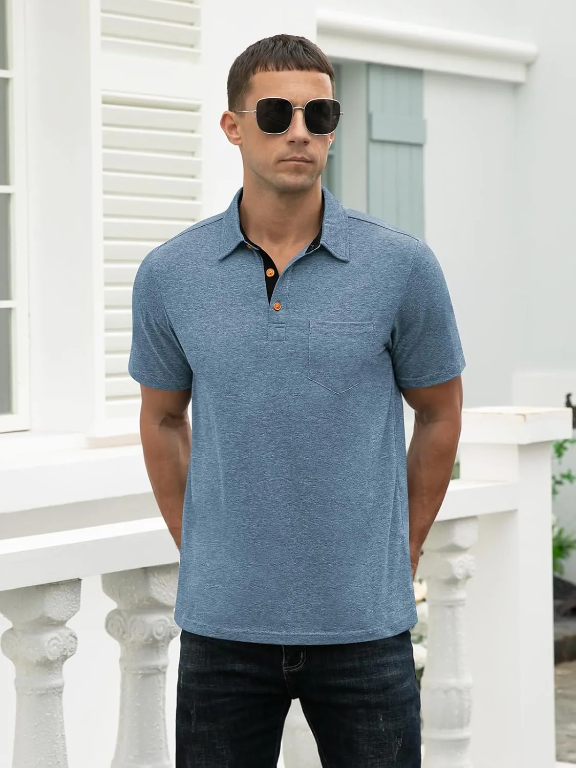 RQP Casual Polo Shirts for Men Short Sleeve Quick Dry Polo Shirts Collared T-Shirt