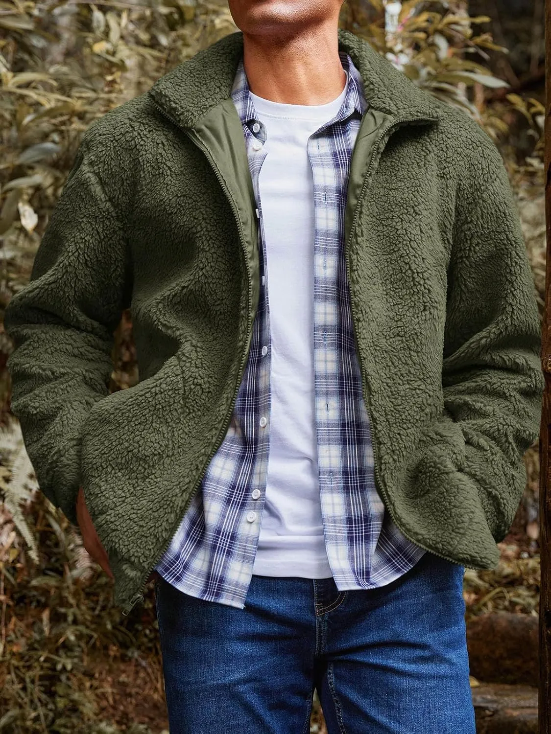 Runcati Mens Fuzzy Sherpa Jacket Long Sleeve Fleece Zip Up Coat Fall Winter Warm Outwear