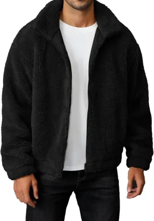 Runcati Mens Fuzzy Sherpa Jacket Long Sleeve Fleece Zip Up Coat Fall Winter Warm Outwear