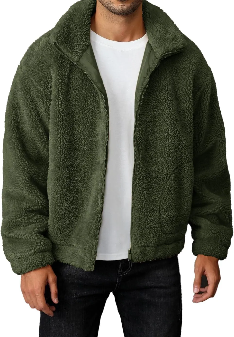 Runcati Mens Fuzzy Sherpa Jacket Long Sleeve Fleece Zip Up Coat Fall Winter Warm Outwear