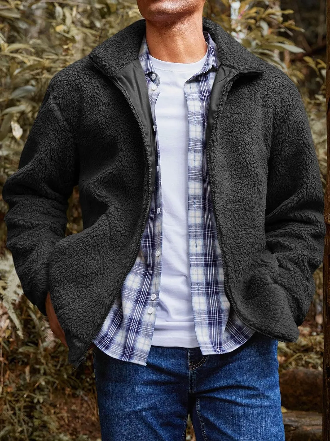 Runcati Mens Fuzzy Sherpa Jacket Long Sleeve Fleece Zip Up Coat Fall Winter Warm Outwear