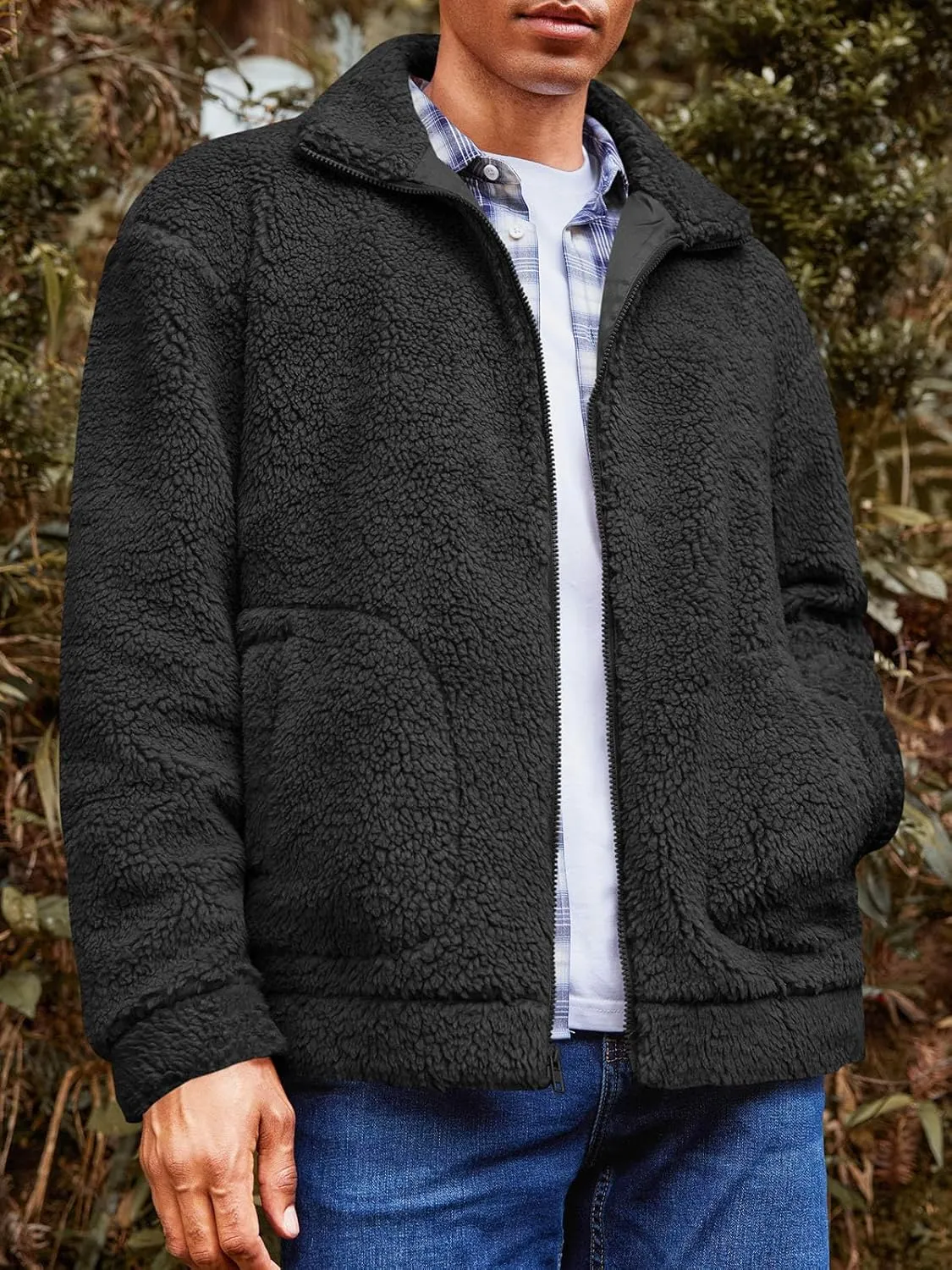 Runcati Mens Fuzzy Sherpa Jacket Long Sleeve Fleece Zip Up Coat Fall Winter Warm Outwear