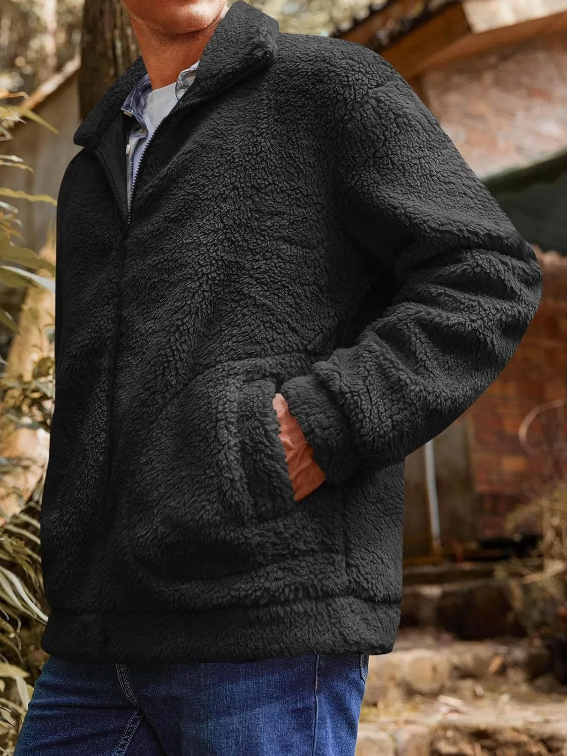Runcati Mens Fuzzy Sherpa Jacket Long Sleeve Fleece Zip Up Coat Fall Winter Warm Outwear