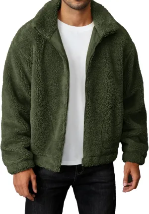 Runcati Mens Fuzzy Sherpa Jacket Long Sleeve Fleece Zip Up Coat Fall Winter Warm Outwear