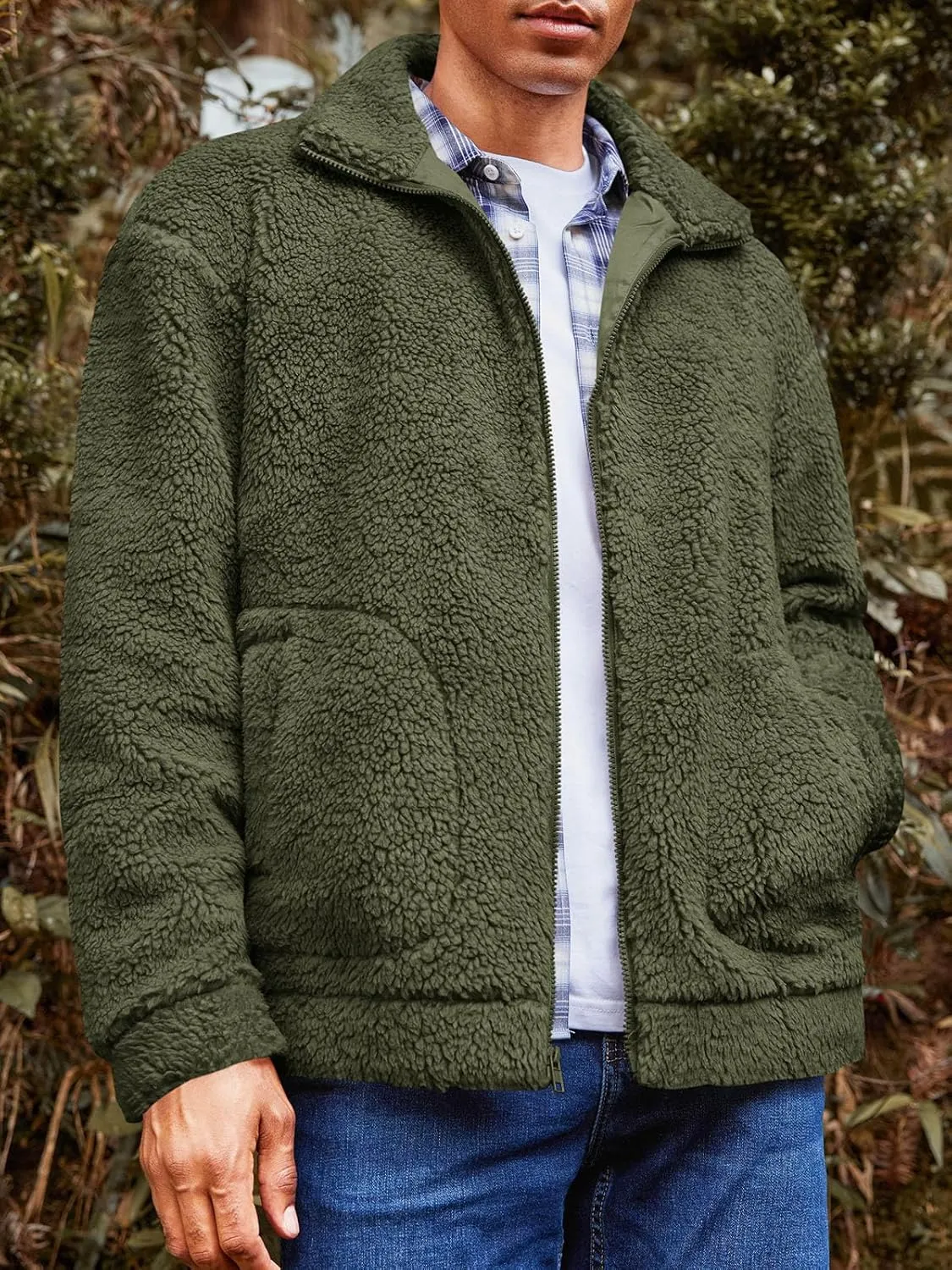 Runcati Mens Fuzzy Sherpa Jacket Long Sleeve Fleece Zip Up Coat Fall Winter Warm Outwear