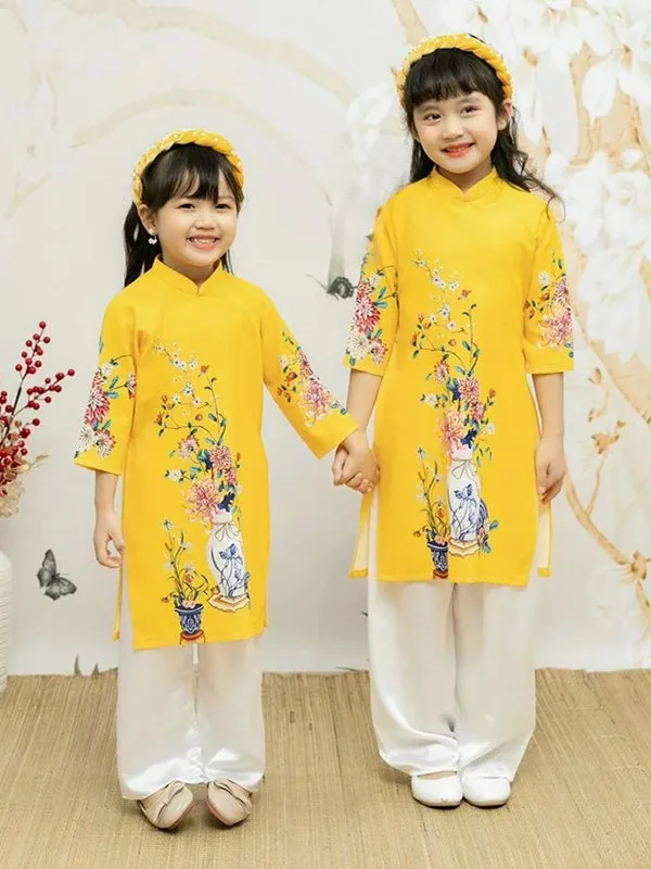 Wedding Ao Dai Girl Yellow Flower Ao Dai Set