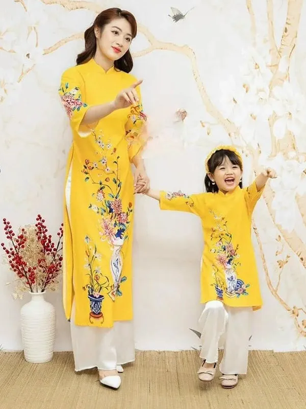 Wedding Ao Dai Girl Yellow Flower Ao Dai Set
