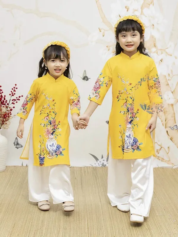 Wedding Ao Dai Girl Yellow Flower Ao Dai Set