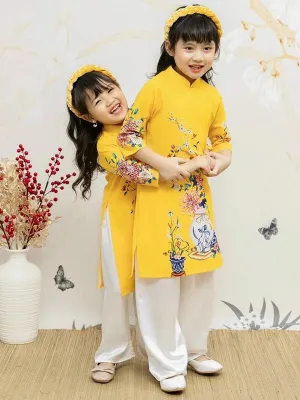 Wedding Ao Dai Girl Yellow Flower Ao Dai Set