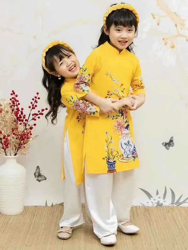 Wedding Ao Dai Girl Yellow Flower Ao Dai Set