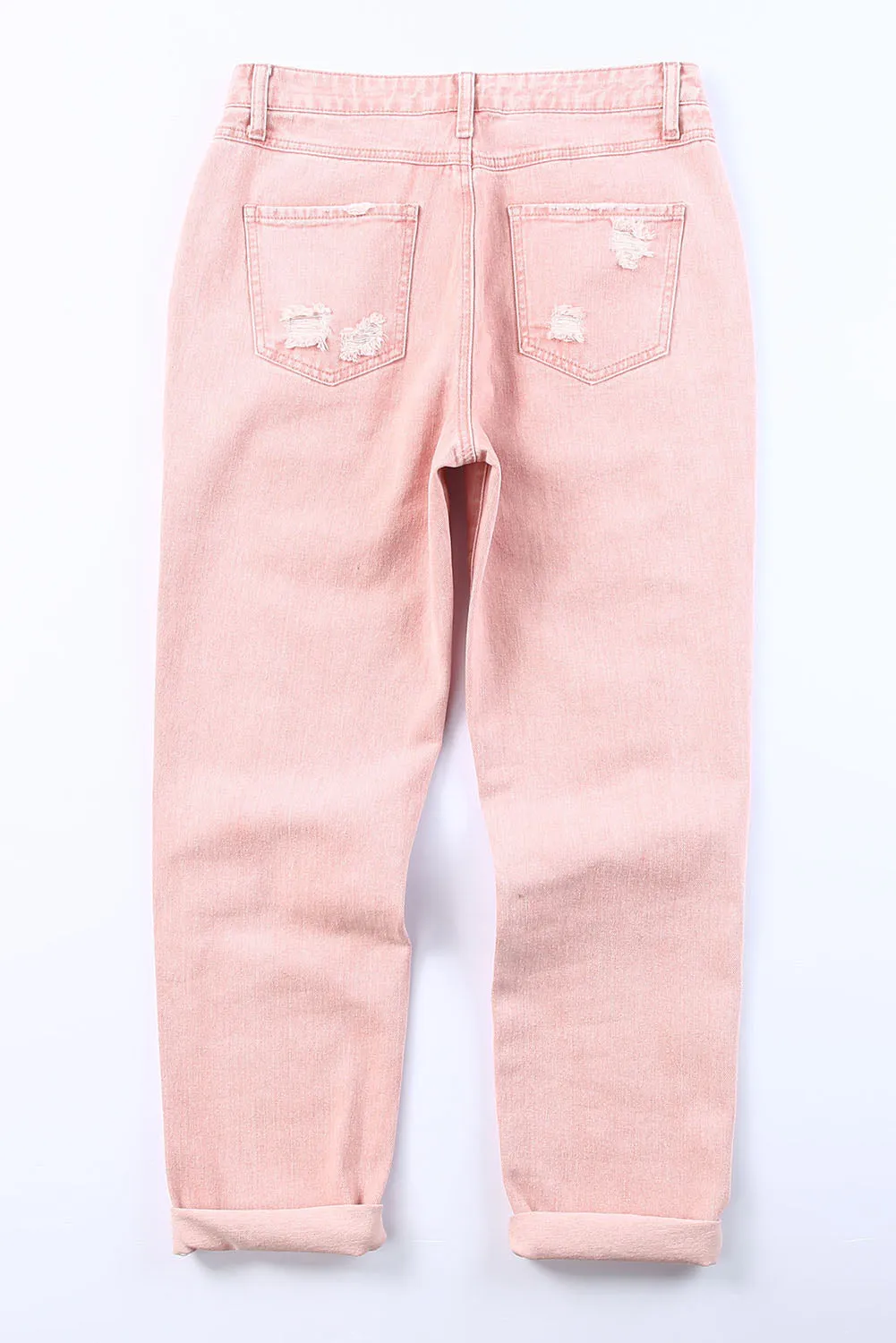 Women Pink Floral Print Destroyed Jeans Retro Patch Distressed Casual Denim Pants
