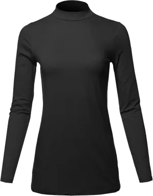 Women's Basic Solid Soft Cotton Long Sleeve Mock Neck Top Shirts
