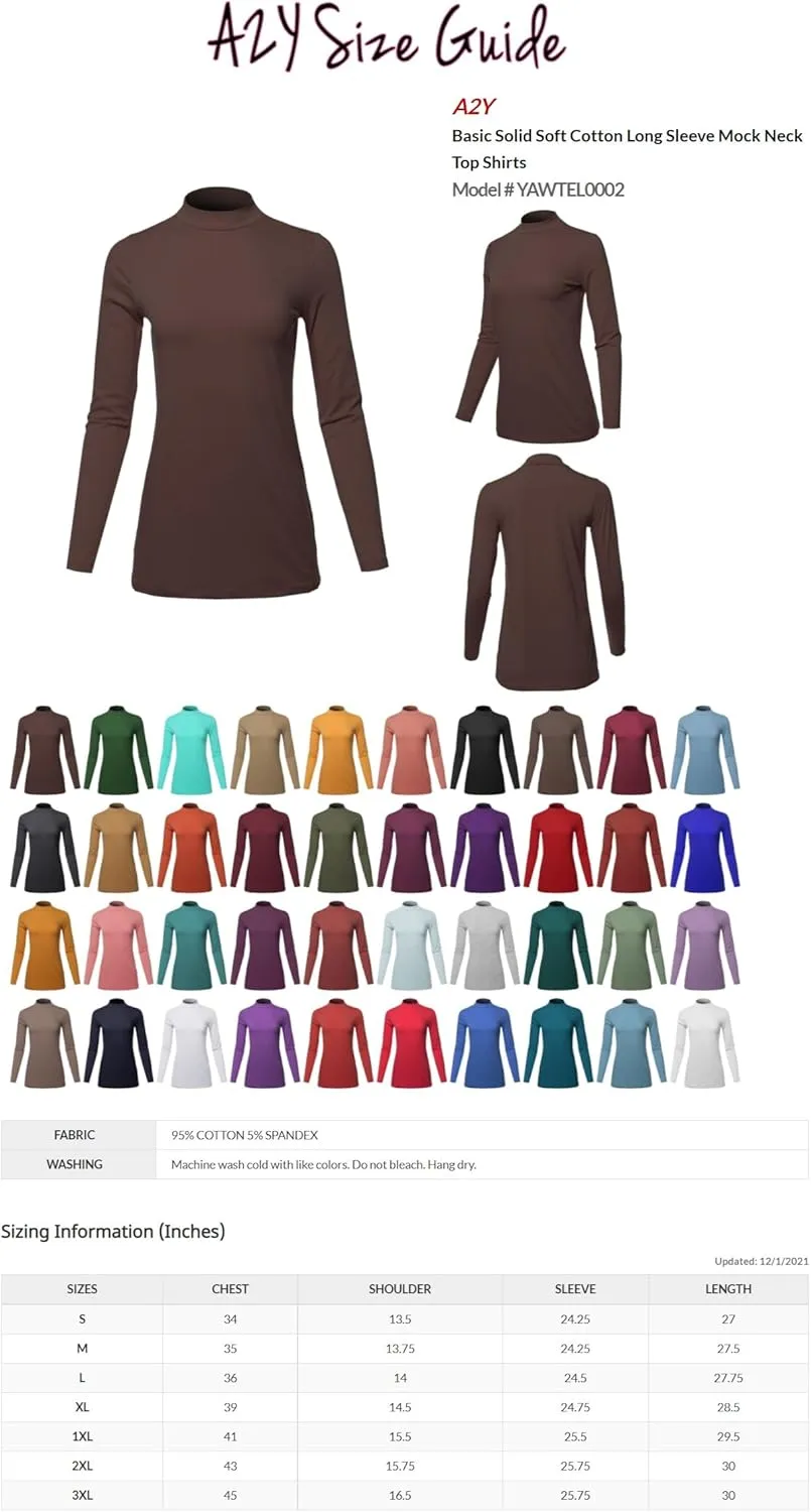 Women's Basic Solid Soft Cotton Long Sleeve Mock Neck Top Shirts