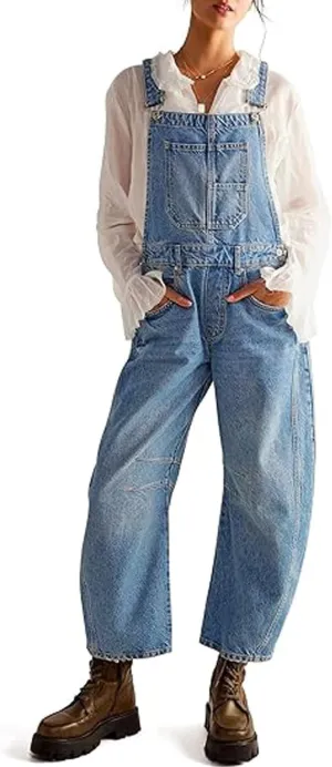 yoeasy Women's Denim Overall Barrel Wide Leg Bib Baggy Jeans Adjustable Strap Denim Romper Stretch Jumpsuit Y2K Pants